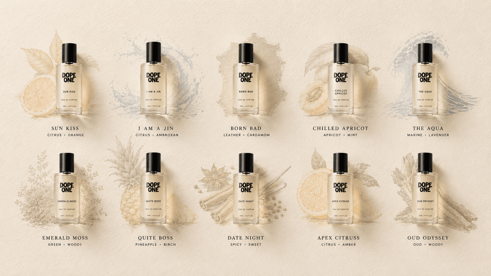 The complete DOPE ONE collection, ten fragrances built for where you actually wear it